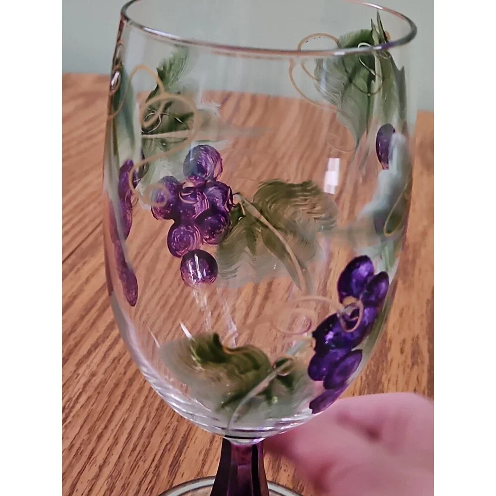 Set of 2 Hand Painted Grape Stemmed Wine Glasses, Clear Purple Glass Vines